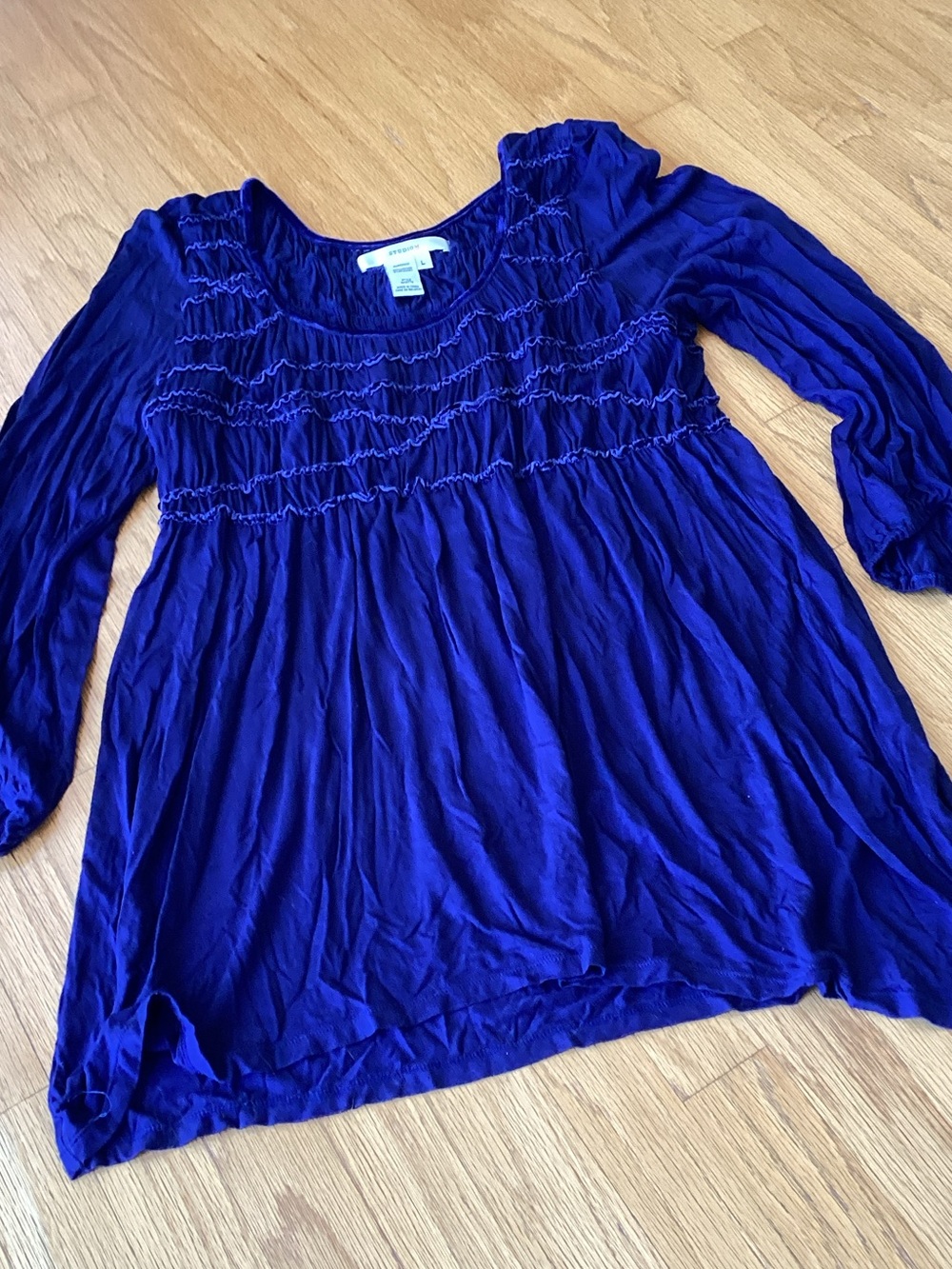 Studio M Cobalt Blue Smocked Long-Sleeve Top - Picture 2 of 5